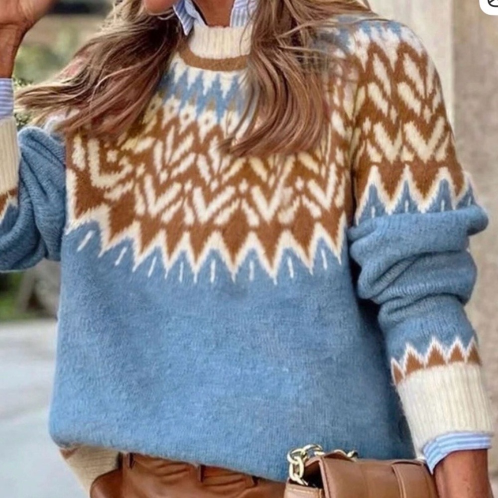 Blue and Brown Fair Isle oversized  Women's Sweater, size small